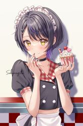 Rule 34 | 1girl, apron, black hair, blush, buttons, choker, colored inner hair, crop top, cupcake, double-breasted, food, food on face, hand on own face, highres, holding, holding food, looking at viewer, maid headdress, midriff, multicolored hair, nail polish, original, plaid, puffy short sleeves, puffy sleeves, purple hair, sakunagita, short hair, short sleeves, solo, streaked hair, two-tone hair, uniform, waist apron, waitress, yellow eyes