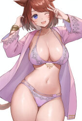 Rule 34 | 1girl, animal ears, asymmetrical bangs, bikini, blue eyes, blush, breasts, brown hair, cat ears, cat girl, cat tail, cleavage, collarbone, commission, cowboy shot, facial mark, final fantasy, final fantasy xiv, hand in own hair, highres, jacket, large breasts, looking at viewer, miqo&#039;te, multiple bracelets, navel, one eye closed, open clothes, open jacket, open mouth, purple bikini, purple jacket, short hair, sidelocks, simple background, skeb commission, skindentation, solo, swept bangs, swimsuit, tail, thighs, torisanff14, v, warrior of light (ff14), whisker markings, white background