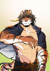 Rule 34 | 1boy, abs, absurdres, animal ears, arknights, bara, chinese commentary, furry, furry male, gradient background, headband, highres, huai tianpei (arknights), long hair, looking at viewer, male focus, ohusito, pectorals, simple background, striped, tail, tiger boy, tiger ears, tiger tail