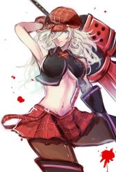 Rule 34 | 10s, 1girl, alisa ilinichina amiella, arms up, blood, blue eyes, boots, breasts, cabbie hat, elbow gloves, fingerless gloves, gloves, god eater, god eater burst, hat, huge weapon, large breasts, long hair, looking at viewer, navel, pantyhose, plaid, simple background, skirt, solo, suspender skirt, suspenders, sword, thigh boots, thighhighs, underboob, weapon