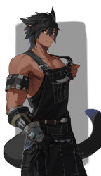 Rule 34 | 1boy, animal ears, armband, armpit peek, warrior of light (ff14), bad id, bad pixiv id, belt, black gloves, black hair, black overalls, black tail, brown belt, buckle, cat tail, closed mouth, cowboy shot, dark-skinned male, dark skin, dated, final fantasy, final fantasy xiv, gloves, green eyes, grey background, looking at viewer, looking to the side, male focus, miqo&#039;te, mn (zig r14), naked overalls, overalls, pocket, pulling own clothes, scar, scar on arm, scar on chest, short hair, sideways glance, smile, solo, strap pull, tail, toned, toned male, twitter username