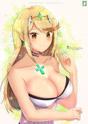 Rule 34 | 1girl, artist name, blonde hair, blush, breasts, chinchongcha, choker, cleavage, closed mouth, cloud, covered navel, gem, hair ornament, headpiece, highres, jewelry, large breasts, long hair, looking at viewer, mythra (radiant beach) (xenoblade), mythra (xenoblade), nintendo, one-piece swimsuit, sky, smile, standing, strapless, strapless one-piece swimsuit, swept bangs, swimsuit, thigh strap, tiara, water, xenoblade chronicles (series), xenoblade chronicles 2