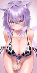 1girl animal_ear_fluff animal_ears animal_print bare_shoulders bent_over bikini blush breasts cat_ears cat_girl cat_tail cleavage cow_print cowboy_shot hair_between_eyes highres hololive huge_breasts large_breasts medium_hair nekomata_okayu print_bikini purple_eyes purple_hair purple_tail side-tie_bikini_bottom solo swimsuit tail toketa_neko virtual_youtuber