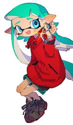 Rule 34 | 1girl, :d, aqua hair, black shorts, blue eyes, grey footwear, hand up, highres, inari1369, inkling, inkling girl, inkling player character, long hair, long sleeves, nintendo, open mouth, pointy ears, shoes, shorts, simple background, smile, solo, splatoon (series), suction cups, tentacle hair, white background