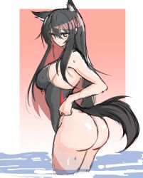 Rule 34 | 1girl, absurdres, animal ears, arknights, ass, black hair, black one-piece swimsuit, blush, breasts, colored inner hair, cowboy shot, cropped legs, extra ears, from side, hair between eyes, highres, large breasts, long hair, looking at viewer, multicolored hair, one-piece swimsuit, red hair, sidelocks, simple background, sketch, solo, swimsuit, tail, texas (arknights), very long hair, wading, water, wet, wolf ears, wolf girl, wolf tail, yellow eyes, yosua 0669
