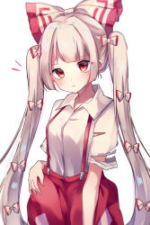 Rule 34 | 1girl, alternate hairstyle, bow, closed mouth, collared shirt, fujiwara no mokou, hair bow, hand on own hip, highres, long hair, looking at viewer, moshihimechan, multiple bows, ofuda, ofuda on clothes, pants, red eyes, red pants, shirt, short sleeves, simple background, solo, standing, suspenders, torn clothes, touhou, very long hair, white background, white hair, white shirt