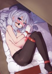 Rule 34 | 1girl, ass, beret, black pantyhose, blue eyes, blush, bound, bound ankles, bound wrists, breasts, breasts on lap, drill hair, gagged, hanauna, hat, huge breasts, kantai collection, kashima (kancolle), looking at viewer, lying, nipples, on side, pantyhose, silver hair, solo, topless, twin drills