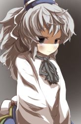 Rule 34 | 1girl, blush, commentary request, female focus, gaoo (frpjx283), gradient background, grey eyes, grey hair, hat, highres, japanese clothes, kariginu, light smile, long hair, long sleeves, looking at viewer, mononobe no futo, ponytail, smile, solo, tate eboshi, touhou, v arms