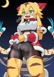 Rule 34 | 1girl, :3, afterimage, animal ears, arm warmers, bike shorts, black sky, blonde hair, blue background, blue eyes, blue ribbon, blush, body fur, boots, breasts, breath, brown fur, brown hair, cameltoe, capelet, christmas, cleft of venus, clothes lift, collar, covered erect nipples, crescent moon, crop top, drooling, ear covers, ears down, facial mark, fangs, female focus, flashing, fur-trimmed arm warmers, fur-trimmed capelet, fur-trimmed footwear, fur-trimmed skirt, fur trim, furry, furry female, gradient background, gurin (glin720), hair flaps, happy, heart, heart-shaped pupils, highres, knee boots, large breasts, lifting own clothes, long hair, mia (world flipper), miniskirt, moon, multicolored fur, multicolored hair, navel, night, nipples, nose blush, official alternate costume, open mouth, outdoors, own hands together, pussy juice, raised eyebrows, red capelet, red skirt, ribbon, saliva, santa costume, see-through, shirt, sidelocks, simple background, skirt, skirt lift, sky, smile, solo, standing, steam, steaming body, striped fur, striped tail, symbol-shaped pupils, tail, tail ornament, tail raised, tail ribbon, tail wagging, thighs, tiger ears, tiger girl, tiger tail, tongue, tongue out, wet, wet clothes, whisker markings, white fur, white hair, white shirt, world flipper, yellow fur