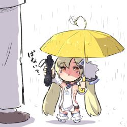 Rule 34 | 1girl, :o, ahoge, ahoge wag, azur lane, bad id, bad pixiv id, bare shoulders, black umbrella, blonde hair, blush, boots, breasts, brown eyes, brown footwear, chibi, closed umbrella, commander (azur lane), commentary request, detached sleeves, dress, eldridge (azur lane), expressive hair, facial mark, fur-trimmed boots, fur trim, hair between eyes, holding, holding umbrella, long hair, long sleeves, mini person, minigirl, out of frame, outstretched arm, pants, parted lips, puffy long sleeves, puffy sleeves, rain, shadow, shoes, sleeveless, sleeveless dress, small breasts, solo focus, standing, thighhighs, translation request, twintails, u-non (annon&#039;an), umbrella, very long hair, white background, white dress, white footwear, white pants, white sleeves, white thighhighs, yellow umbrella