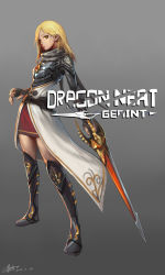 Rule 34 | 1girl, absurdres, armor, black gloves, blonde hair, boots, breastplate, character name, copyright name, dated, dragon nest, fingerless gloves, full body, geraint, gloves, gorgeous mushroom, greaves, grey background, grey scarf, highres, holding, holding sword, holding weapon, jewelry, knee boots, long hair, looking at viewer, necklace, red eyes, red skirt, sash, scarf, signature, simple background, skirt, solo, standing, sword, typo, weapon