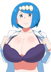 Rule 34 | 1girl, blue eyes, blue hair, bra, breasts, chelsea cola v, creatures (company), game freak, hair ornament, highres, huge breasts, korean commentary, lana&#039;s mother (pokemon), looking at viewer, mature female, nintendo, open clothes, open shirt, pokemon, pokemon (anime), pokemon sm (anime), purple bra, short hair, simple background, smile, solo, underwear, white background