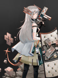 Rule 34 | 1girl, absurdres, arknights, bandaged arm, bandages, bare shoulders, black background, black gloves, black pantyhose, commentary request, feet out of frame, fingerless gloves, gloves, grey skirt, gun, hand up, highres, holding, holding gun, holding weapon, horns, hua (ixi55663737), long hair, looking at viewer, official alternate costume, pantyhose, saria (arknights), saria (stronghold) (arknights), shield, silver hair, simple background, skirt, sleeveless, solo, standing, tail, weapon, yellow eyes