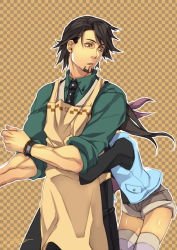 Rule 34 | 10s, 1boy, 1girl, age difference, apron, bracelet, brown eyes, brown hair, facial hair, father and daughter, hiryuu, hug, jewelry, kaburagi kaede, kaburagi t. kotetsu, necktie, short hair, shorts, side ponytail, striped clothes, striped thighhighs, stubble, thighhighs, tiger &amp; bunny, vest, watch, wristwatch, zettai ryouiki