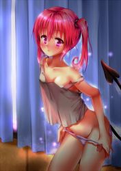 Rule 34 | 1girl, bare shoulders, clothes pull, collarbone, curtains, demon tail, dress pull, from above, highres, kagomikan313, looking at viewer, nana asta deviluke, off shoulder, panties, pink eyes, pink hair, pink panties, pulled by self, spaghetti strap, standing, strap slip, tail, to love-ru, underwear, undressing