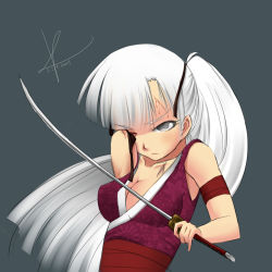 Rule 34 | 1girl, 59442587, absurdres, amputee, artist name, blood, breasts, cleavage, eniksu, eyepatch, grey background, highres, injury, japanese clothes, katana, kimono, long hair, medium breasts, ninja, one-eyed, ponytail, scar, simple background, sleeveless, solo, source request, sword, upper body, weapon, white hair