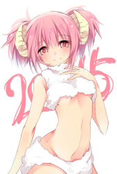 Rule 34 | 10s, 1girl, 2015, alternate costume, ayumaru (art of life), horns, kaname madoka, looking at viewer, mahou shoujo madoka magica, mahou shoujo madoka magica (anime), midriff, navel, pink eyes, pink hair, sheep horns, short hair, simple background, smile, solo, twintails, white background