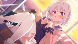 Rule 34 | 1girl, angel wings, blue sailor collar, blush, commission, falling feathers, feathers, highres, indoors, licking, long sleeves, looking at viewer, original, panties, pantyshot, pleated skirt, purple eyes, sailor collar, school uniform, serafuku, shiro9jira, short hair, sitting, skeb commission, skirt, smile, solo, thighhighs, tongue, tongue out, underwear, white panties, white thighhighs, wings