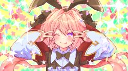 Rule 34 | 1boy, astolfo (fate), astolfo (saber) (fate), astolfo (saber) (third ascension) (fate), black bow, black bowtie, black dress, black ribbon, blush, bow, bowtie, closed mouth, double v, dress, emotional engine - full drive, fate/grand order, fate (series), floral background, green background, hair between eyes, hair bow, hair intakes, hair ribbon, hands up, highres, ittokyu, long hair, long sleeves, looking at viewer, low twintails, male focus, multicolored hair, one eye closed, parody, pink hair, purple eyes, ribbon, smile, solo, sparkle, star (symbol), streaked hair, striped, striped background, tongue, tongue out, trap, twintails, v, white hair, wide sleeves, wing collar, yellow background