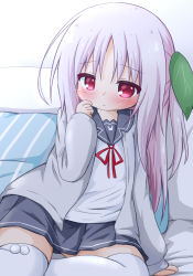 Rule 34 | 1girl, arm support, blush, closed mouth, fuyuno usako, grey hair, grey jacket, grey sailor collar, grey skirt, hair ornament, hand up, jacket, leaf hair ornament, long hair, long sleeves, looking at viewer, neck ribbon, one side up, open clothes, open jacket, original, pillow, pleated skirt, puffy long sleeves, puffy sleeves, red eyes, red ribbon, ri-net, ribbon, sailor collar, school uniform, serafuku, shirt, skirt, sleeves past wrists, solo, striped, thighhighs, very long hair, white shirt, white thighhighs