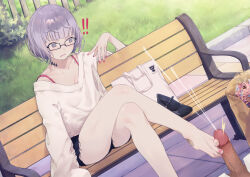 1boy 1girl absurdres bag bare_shoulders barefoot bench breasts cum daisi_gi ejaculation erection fate/grand_order fate_(series) feet footjob grey_eyes grey_hair hetero highres jacques_de_molay_(foreigner)_(fate) jacques_de_molay_(foreigner)_(method_to_walk_on_the_stars)_(fate) long_sleeves looking_at_penis medium_breasts motion_lines off-shoulder_sweater off_shoulder open_mouth penis short_hair shorts surprised sweater toes