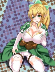 Rule 34 | 10s, 1girl, blonde hair, breasts, circussion, cleavage, green eyes, highres, huge breasts, leafa, long hair, pointy ears, solo, sword art online