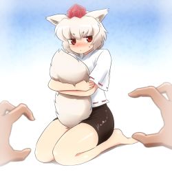 Rule 34 | 1girl, animal ears, bare legs, barefoot, blush, gradient background, hat, hugging own tail, hugging tail, inubashiri momiji, looking at viewer, miniskirt, pov, pov hands, red eyes, seiza, shirosato, shirt, silver hair, sitting, skirt, solo focus, tail, tokin hat, touhou, wolf ears, wolf tail