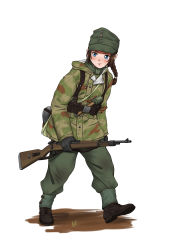 Rule 34 | 1girl, absurdres, ammunition pouch, belt, blue eyes, blush, bolt action, braid, brown hair, camouflage, canteen, coat, explosive, gaiters, gloves, grenade, gun, hat, highres, hood, hood down, load bearing equipment, long hair, mardjan, mauser 98, military, military uniform, original, pouch, rifle, scarf, simple background, single braid, soldier, solo, uniform, walking, weapon, wehrmacht, white background, winter clothes, winter coat, world war ii