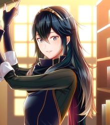 Rule 34 | 1girl, ameno (a meno0), black sweater, blue cape, blue eyes, blue gloves, blue hair, blush, book, bookshelf, cape, fingerless gloves, fire emblem, fire emblem awakening, gloves, hair between eyes, indoors, lips, long hair, long sleeves, looking at viewer, lucina (fire emblem), nintendo, parted lips, pink lips, red cape, ribbed sweater, sidelocks, smile, solo, sunlight, sweater, teeth, tiara, turtleneck, turtleneck sweater, two-tone cape, window