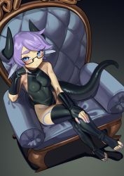 Rule 34 | 1girl, absurdres, bad id, bad twitter id, black gloves, black horns, black thighhighs, blue eyes, breasts, chair, commission, copyright request, crossed legs, fingerless gloves, full body, glasses, gloves, highres, horns, looking at viewer, medium breasts, nia (nia4294), purple hair, shadow, short hair, sitting, solo, tail, thighhighs, toeless legwear