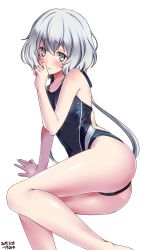 Rule 34 | 1girl, alternate costume, arm support, ass, bare legs, bare shoulders, barefoot, blush, breasts, closed mouth, commentary request, competition swimsuit, covered navel, grey eyes, hair between eyes, hand on own face, highres, konno junko, long hair, looking at viewer, low twintails, multicolored clothes, one-piece swimsuit, pale skin, silver hair, simple background, sitting, skindentation, small breasts, solo, swimsuit, tsuchimiya, tsurime, twintails, white background, yokozuwari, zombie land saga