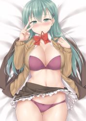 Rule 34 | 10s, 1girl, aqua hair, blouse, blush, bow, bowtie, bra, breasts, brown jacket, brown skirt, cleavage, closed mouth, collarbone, collared shirt, finger to eye, gluteal fold, hair between eyes, hair ornament, hairclip, jacket, kantai collection, large breasts, long hair, long sleeves, looking at viewer, navel, necktie on mouth, on bed, open clothes, open shirt, panties, partially undressed, purple bra, purple panties, remodel (kantai collection), sama samasa, school uniform, shirt, skirt, smile, solo, suzuya (kancolle), underwear, v, white shirt