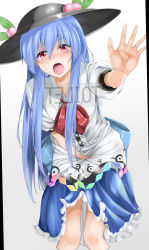 Rule 34 | 1girl, blue hair, blush, food, fruit, hat, have to pee, highres, hinanawi tenshi, jewelry, long hair, looking at viewer, momo retasu, open mouth, peach, puffy short sleeves, puffy sleeves, red eyes, ring, shirt, short sleeves, skirt, solo, tears, textless version, touhou, very long hair, wedding ring