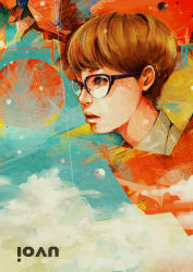 Rule 34 | abstract, androgynous, bad id, bad pixiv id, black-framed eyewear, brown hair, cloud, collared shirt, crosshatching, eyelashes, freckles, from side, gender request, glasses, hatching (texture), highres, lips, looking afar, looking at viewer, looking away, original, parted lips, portrait, shirt, short hair, solo, tae