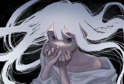 Rule 34 | 1girl, black background, black eyes, floating hair, hands on own face, highres, kyano (kyanora3141), long hair, loose clothes, loose shirt, no nose, off shoulder, original, scared, shirt, solo, upper body, white hair, white shirt