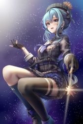 Rule 34 | 1girl, absurdres, ascot, belt, beret, black gloves, black thighhighs, blue belt, blue eyes, blue hair, blush, bracelet, choker, commentary, crown, dress, english commentary, feet out of frame, frills, gloves, hat, highres, holding, holding jewelry, hololive, hoshimachi suisei, hoshimachi suisei (1st costume), invisible chair, jewelry, kaiwa, long hair, mini crown, open mouth, partially fingerless gloves, plaid, plaid dress, plaid headwear, side ponytail, sidelocks, single thighhigh, sitting, sky, solo, sparkle, star (sky), star (symbol), star in eye, starry background, starry sky, symbol in eye, thigh strap, thighhighs, virtual youtuber