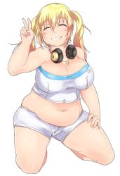 Rule 34 | 1girl, bare shoulders, belly, blonde hair, blush, breasts, cleavage, closed eyes, female focus, headphones, jewelry, kneeling, large breasts, long hair, navel, necklace, nitroplus, plump, smile, solo, star (symbol), super pochaco, twintails, v