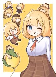 Rule 34 | ;d, absurdres, animal, animal on head, arm behind back, balloon, blonde hair, blue eyes, bob cut, brown skirt, bubba (watson amelia), chibi, chibi inset, collared shirt, commentary, dog, dog on head, english commentary, grin, hair ornament, high-waist skirt, highres, hololive, hololive english, investigator (amelia watson), long sleeves, moon ldl, multiple persona, necktie, on head, one eye closed, open mouth, plaid, plaid skirt, red necktie, shirt, short hair, short necktie, skirt, smile, twitter username, virtual youtuber, watson amelia, watson amelia (1st costume), watson amelia (party dress), watson amelia (astronaut), watson amelia (new year), watson amelia (street casual), white shirt, yellow background