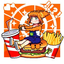Rule 34 | !, !!, !?, + +, 1girl, blue skirt, bow, brown hair, burger, cup, drinking straw, food, food on face, frog, green eyes, hair bow, heart, holding, holding food, hood, hoodie, hotshosho, idolmaster, idolmaster (classic), idolmaster million live!, idolmaster million live! theater days, long hair, orange background, orange hoodie, pixel art, potato, shoes, sitting, skirt, smile, sneakers, socks, solo, sparkle, suspender skirt, suspenders, takatsuki yayoi, twintails, wallet, yellow socks