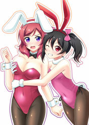 Rule 34 | 10s, 2girls, 7nanappe, :o, ;d, alternate costume, animal ears, arm at side, bare arms, bare shoulders, black bow, black bowtie, black hair, black ribbon, blush, bow, bowtie, grabbing another&#039;s breast, breasts, brown legwear, cleavage, clenched hand, clenched hands, clenched teeth, collarbone, covered navel, cowboy shot, detached collar, fake animal ears, female focus, fishnet pantyhose, fishnets, fur-trimmed gloves, fur trim, gloves, grabbing, grabbing from behind, grin, hair bow, hairband, highres, large breasts, leaning forward, legs together, leotard, looking at viewer, love live!, love live! school idol project, multiple girls, nishikino maki, one eye closed, open mouth, pantyhose, pink bow, pink legwear, playboy bunny, purple eyes, rabbit ears, red eyes, red hair, red leotard, ribbon, short hair, short twintails, simple background, skin tight, small breasts, smile, standing, strapless, strapless leotard, tareme, teeth, twintails, wavy mouth, white background, white gloves, wink, wrist cuffs, yazawa nico, yuri