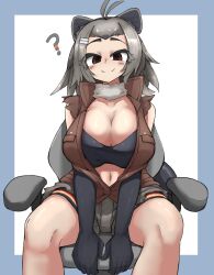 Rule 34 | 1girl, ?, absurdres, alternate breast size, american beaver (kemono friends), animal ears, antenna hair, bare shoulders, beaver ears, beaver tail, bike shorts, bike shorts under shorts, black gloves, breast pocket, breasts, brown eyes, brown vest, chair, cleavage, closed mouth, collared vest, curvy, detached collar, elbow gloves, fur collar, gloves, grey hair, hair ornament, hairclip, high collar, highres, huge breasts, kemono friends, legs apart, long hair, looking at viewer, navel, on chair, pocket, shorts, sitting, smile, solo, stomach, swivel chair, tail, urisaba, vest