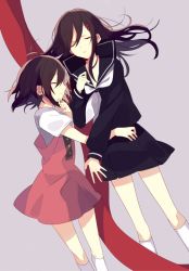 Rule 34 | 2girls, age comparison, aged down, bad id, bad pixiv id, black hair, closed eyes, dress, dual persona, hair ornament, hairclip, hand on another&#039;s thigh, kagerou project, long hair, multiple girls, pinafore dress, red scarf, scarf, school uniform, short hair, sleeveless, sleeveless dress, tateyama ayano, time paradox, unworn scarf, yamori shiki