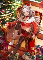 Rule 34 | 1girl, absurdres, animal ears, antlers, armchair, bad id, bad pixiv id, bauble, belt, belt boots, black bra, black thighhighs, blue eyes, boots, box, bra, can, carpet, chair, christmas ornaments, christmas tree, collar, collarbone, crop top, deer ears, drink can, english text, facial mark, feet, fireplace, flower, forehead mark, fresa pie, gift, gift box, grey hair, head tilt, high heel boots, high heels, highres, holding, holding can, horns, indoors, knee boots, knee up, lens flare, long hair, long sleeves, looking at viewer, miniskirt, navel, original, parted lips, red skirt, reindeer antlers, shoes, single boot, single shoe, sitting, skirt, soda can, solo, sparkle, thighhighs, thighhighs under boots, underwear, unworn boots, very long hair, wavy mouth, white flower