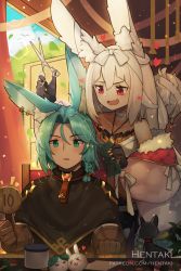 Rule 34 | 1boy, 1girl, :d, animal ear fluff, animal ears, aqua hair, artist name, bare shoulders, black capelet, black gloves, blush, bow, braid, brown gloves, capelet, chelsea (dragalia lost), collarbone, comb, commentary, dragalia lost, dress, ear piercing, english commentary, fang, gloves, green eyes, hair between eyes, hair bow, halterneck, hentaki, highres, holding, holding comb, holding scissors, jacket, long hair, long sleeves, luca (dragalia lost), off shoulder, open clothes, open jacket, open mouth, parted bangs, parted lips, piercing, pink jacket, puffy long sleeves, puffy sleeves, rabbit ears, red bow, red eyes, scissors, smile, sparkle, watermark, web address, white dress, white hair