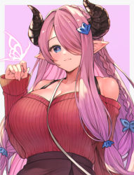 Rule 34 | 1girl, bad id, bad pixiv id, bare shoulders, between breasts, blue eyes, blush, braid, breasts, cleavage, collarbone, draph, granblue fantasy, hair ornament, hair over one eye, highres, horns, koretsuki azuma, large breasts, lips, long hair, long sleeves, looking at viewer, narmaya (granblue fantasy), off-shoulder sweater, off shoulder, pointy ears, purple background, purple hair, red sweater, ribbed sweater, simple background, single braid, smile, solo, strap between breasts, sweater, upper body, very long hair