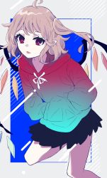 Rule 34 | 1girl, ahoge, black skirt, blonde hair, blue background, commentary request, contemporary, crystal, feet out of frame, flandre scarlet, grey background, hands in pockets, long sleeves, miniskirt, no headwear, no headwear, pleated skirt, pointy ears, red eyes, short hair, side ponytail, skirt, solo, tongue, tongue out, touhou, touya (konpekitou), wings