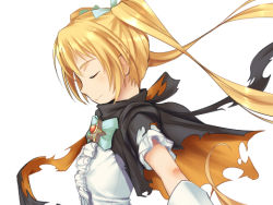 Rule 34 | 1girl, blonde hair, bow, bowtie, brooch, cape, frills, from side, gem, jewelry, long hair, lowres, mira (sumaga), painpa, profile, simple background, smile, solo, sumaga, twintails, very long hair, white background