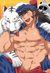 Rule 34 | 1boy, abs, bara, blue headwear, brown eyes, brown hair, copyright request, hat, light blush, long hair, male focus, military, military hat, military uniform, muscular, muscular male, navel, nipples, open mouth, panda, pectorals, sideburns, smile, sugo6969, thick eyebrows, tiger, uniform, white tiger, yellow background