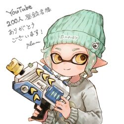Rule 34 | 1girl, aqua hair, aqua hat, artist name, beanie, closed mouth, grey sweater, hat, holding, inkling, inkling girl, inkling player character, nintendo, plum0o0, pointy ears, rapid blaster (splatoon), short eyebrows, short hair, signature, simple background, smile, solo, splatoon (series), sweater, tentacle hair, white background, yellow eyes