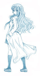Rule 34 | 1girl, bbb (friskuser), blue theme, commentary, from behind, full body, futaba rio, glasses, hands in pockets, highres, kneehighs, lab coat, loafers, long hair, looking at viewer, looking back, miniskirt, monochrome, necktie, parted lips, pleated skirt, school uniform, seishun buta yarou, shoes, skirt, socks, solo, standing, wind